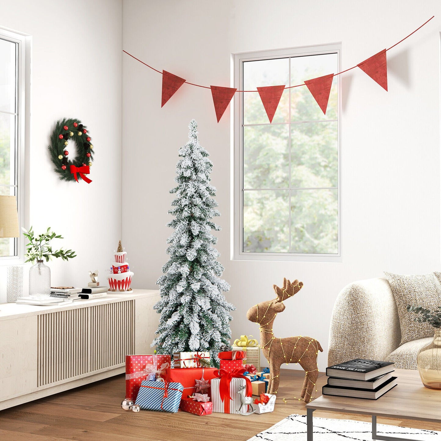 4/5/6 Feet Pre-Lit Artificial Christmas Tree Snow-Flocked Slim Pencil Xmas Decor-6 ft