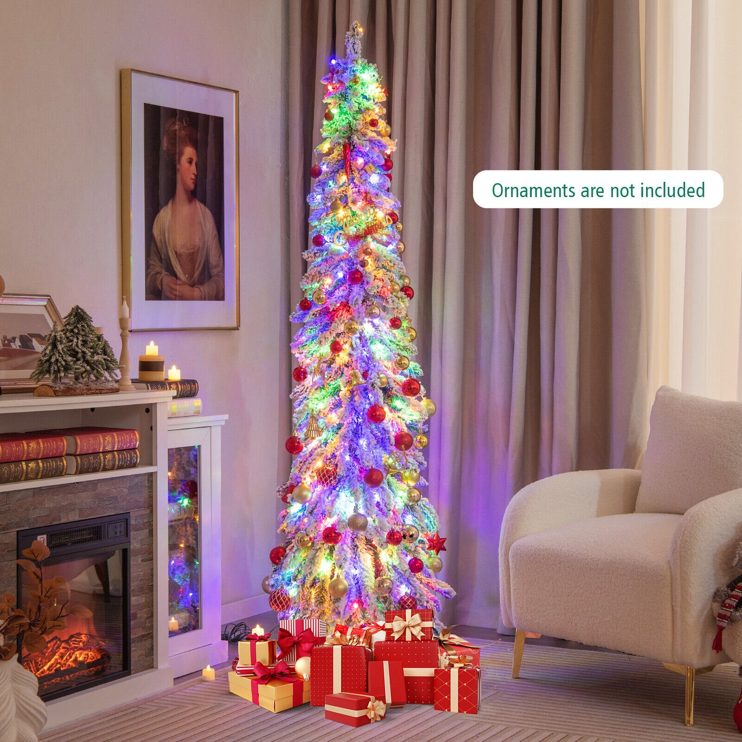 4/5/6 Feet Pre-Lit Artificial Christmas Tree Snow-Flocked Slim Pencil Xmas Decor-6 ft