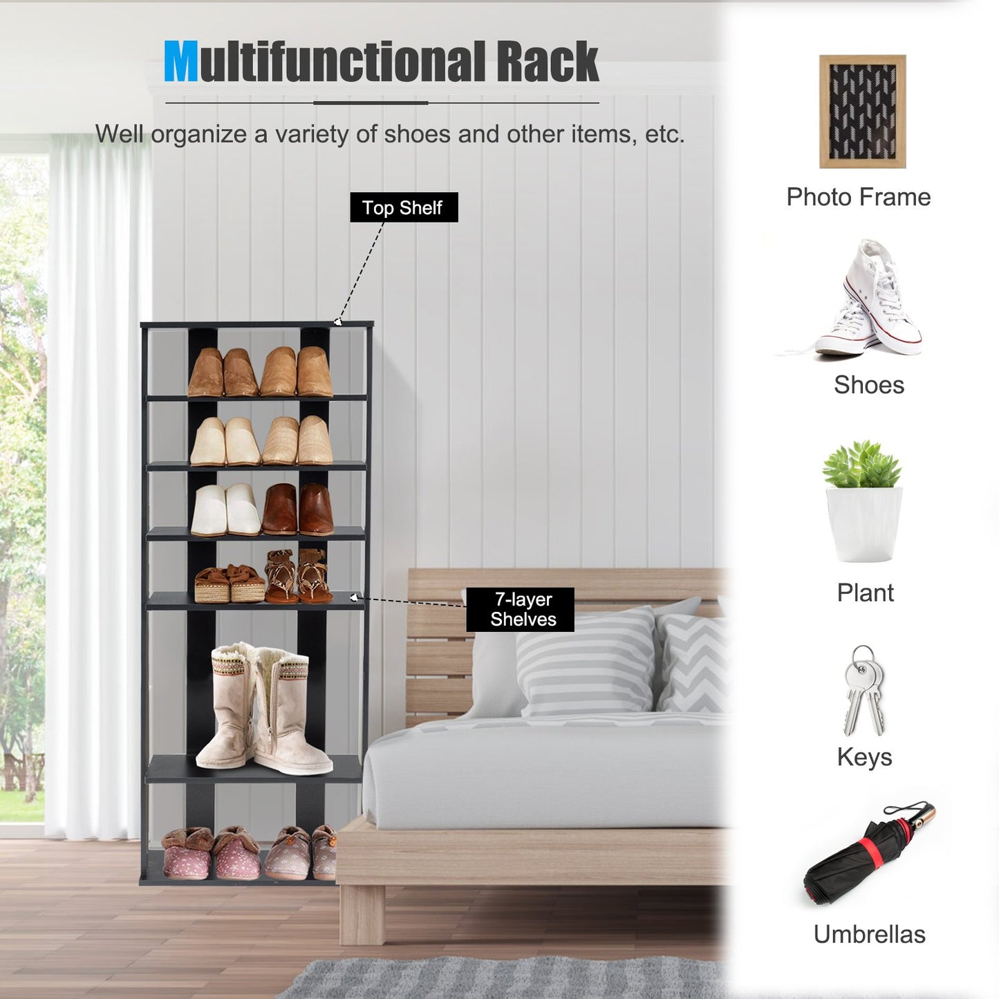 7-Tier Dual 14 Pair Shoe Rack Free Standing Concise Shelves Storage-Black