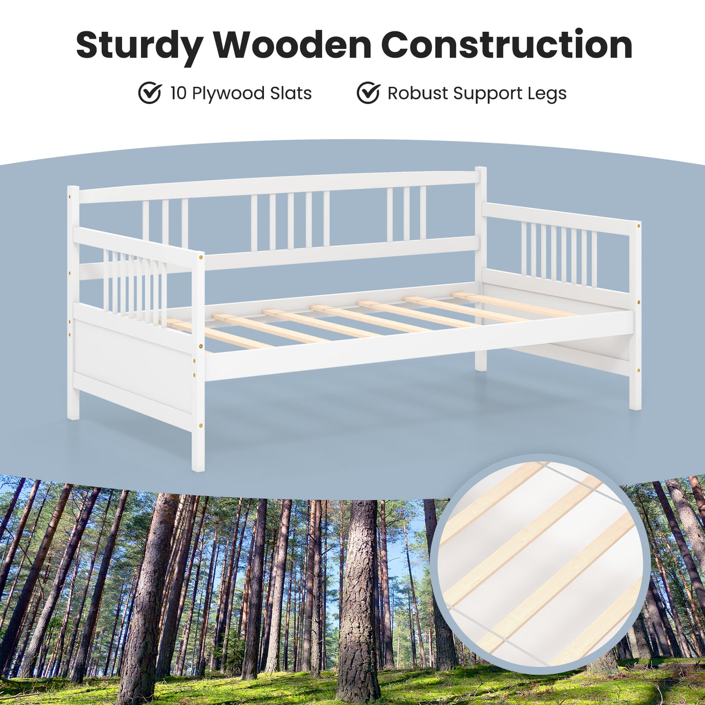Twin Size Wooden Slats Daybed Bed with Rails-White
