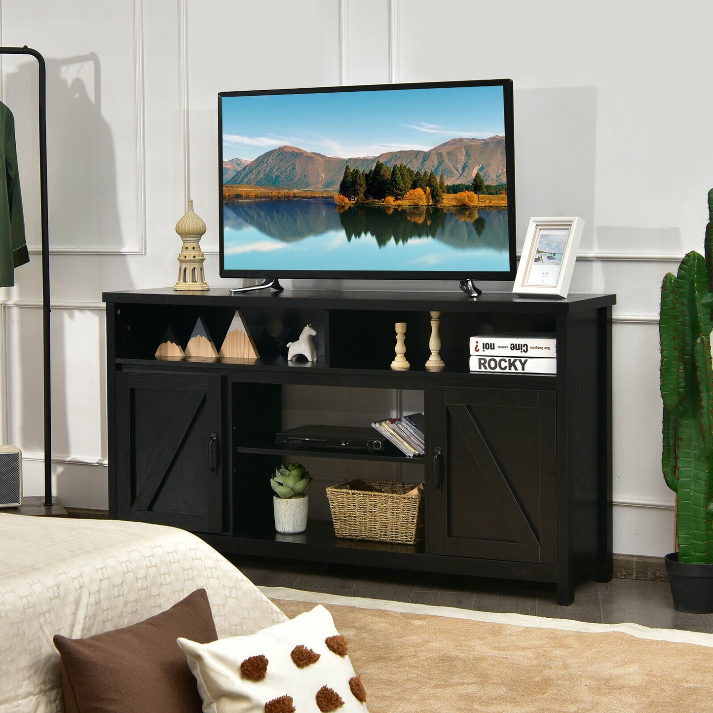 59 Inch TV Stand Media Center Console Cabinet with Barn Door for TV's 65 Inch-Black