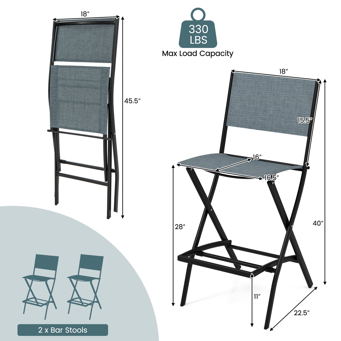 Folding Bar Stools Set of 2 Backrest Humanized Footrest-Blue