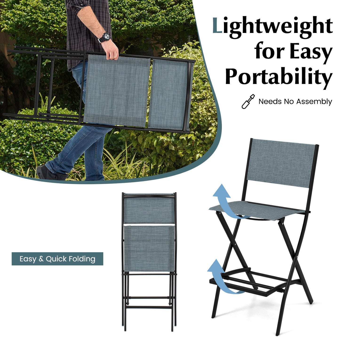 Outdoor Folding Bar Height Stool Set of 4 with Metal Frame and Footrest-Blue
