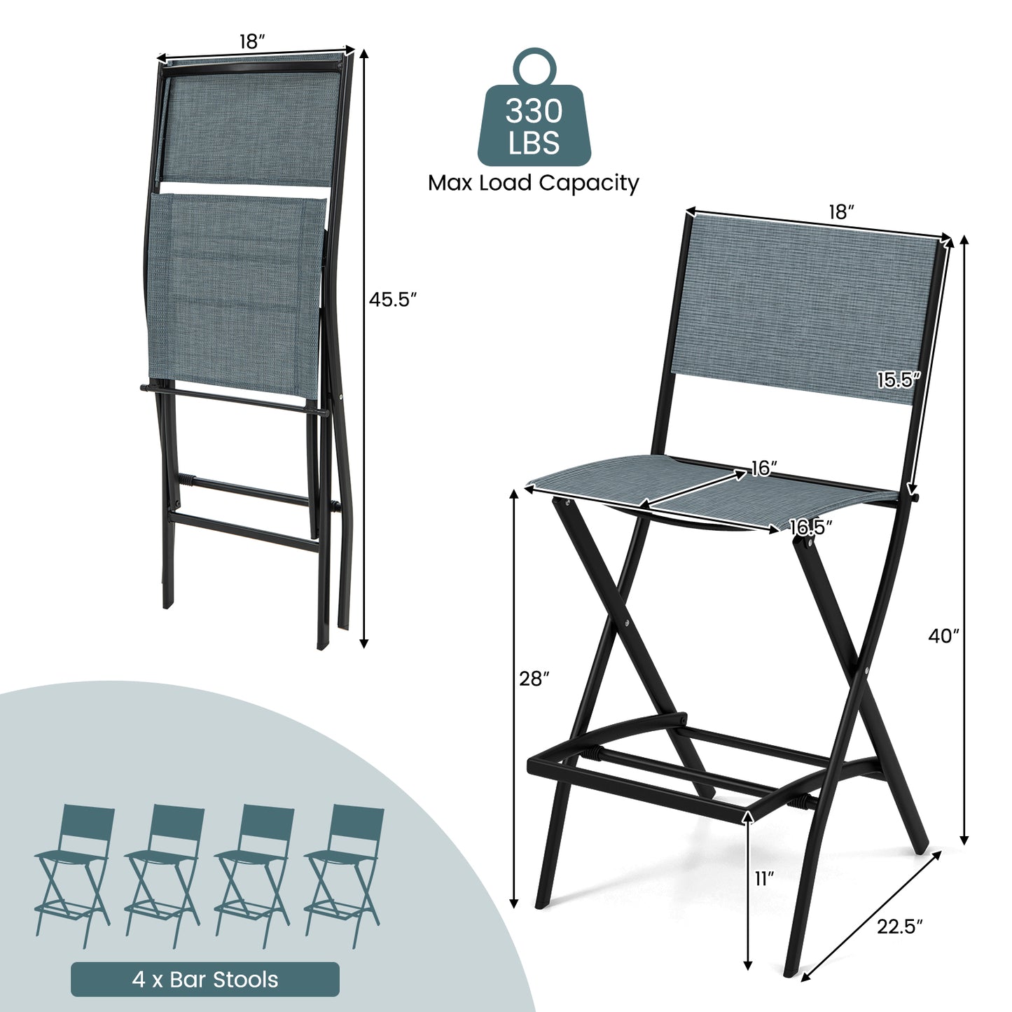 Outdoor Folding Bar Height Stool Set of 4 with Metal Frame and Footrest-Blue