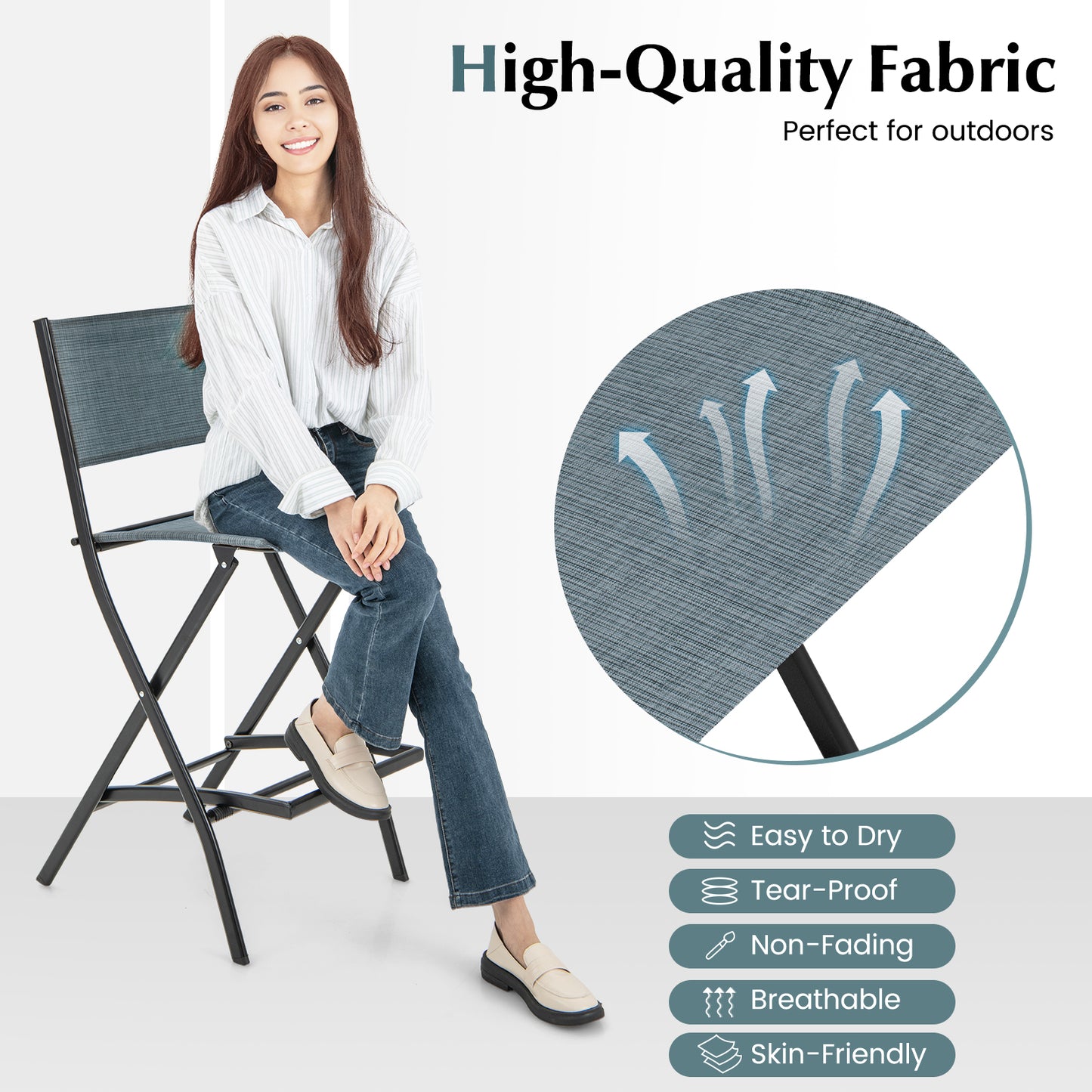 Outdoor Folding Bar Height Stool Set of 4 with Metal Frame and Footrest-Blue