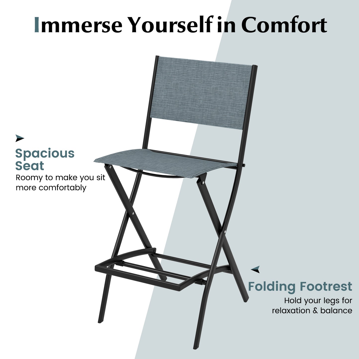 Outdoor Folding Bar Height Stool Set of 4 with Metal Frame and Footrest-Blue