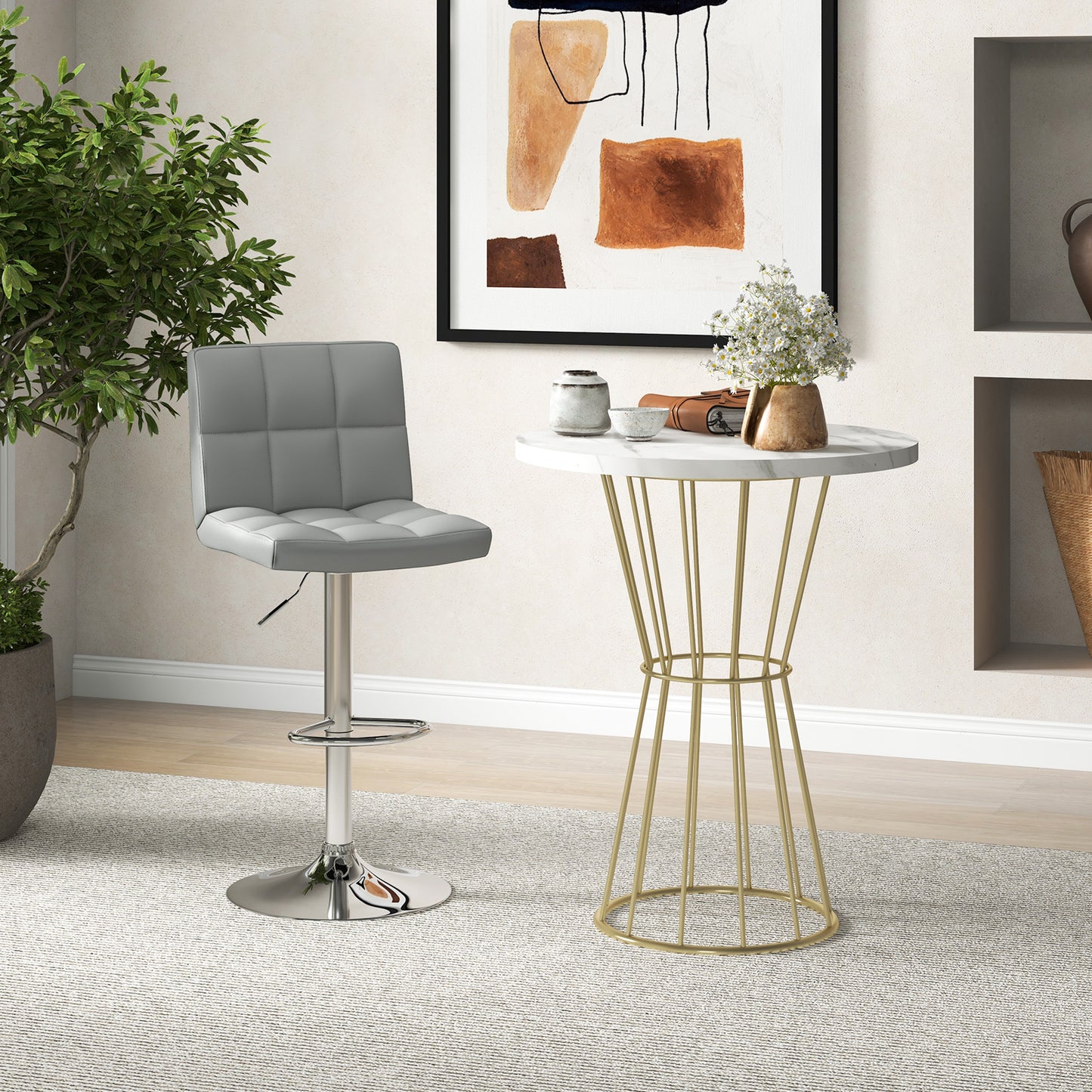 Armless PU Leather Bar Stool with Adjustable Height and Swivel Seat-Gray