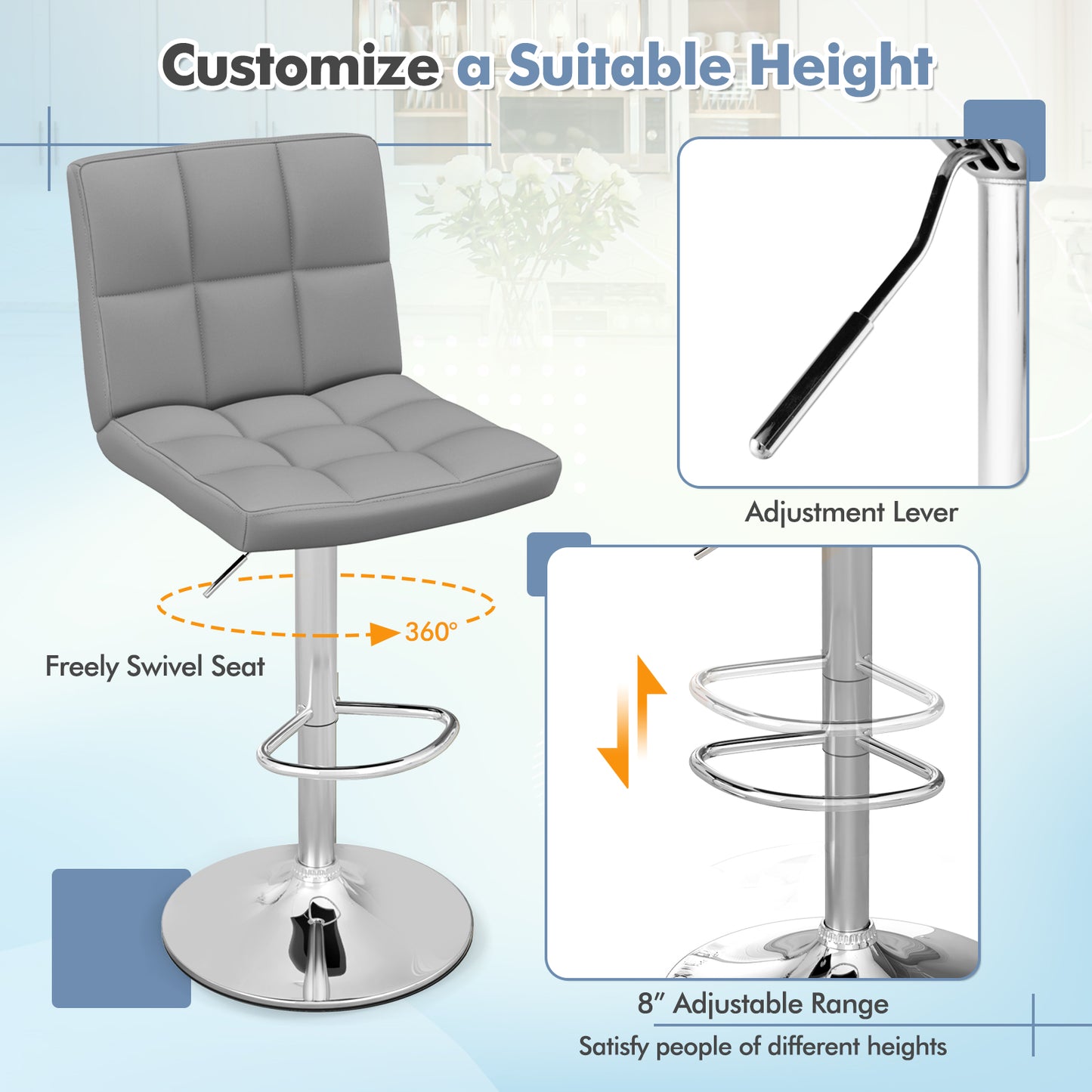 Armless PU Leather Bar Stool with Adjustable Height and Swivel Seat-Gray