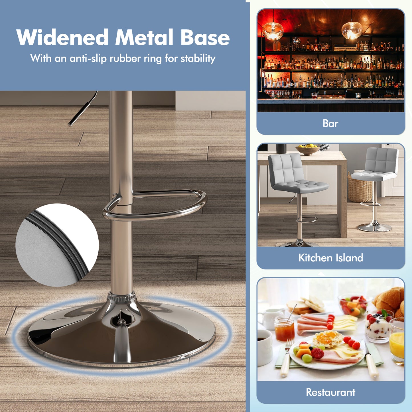 Armless PU Leather Bar Stool with Adjustable Height and Swivel Seat-Gray
