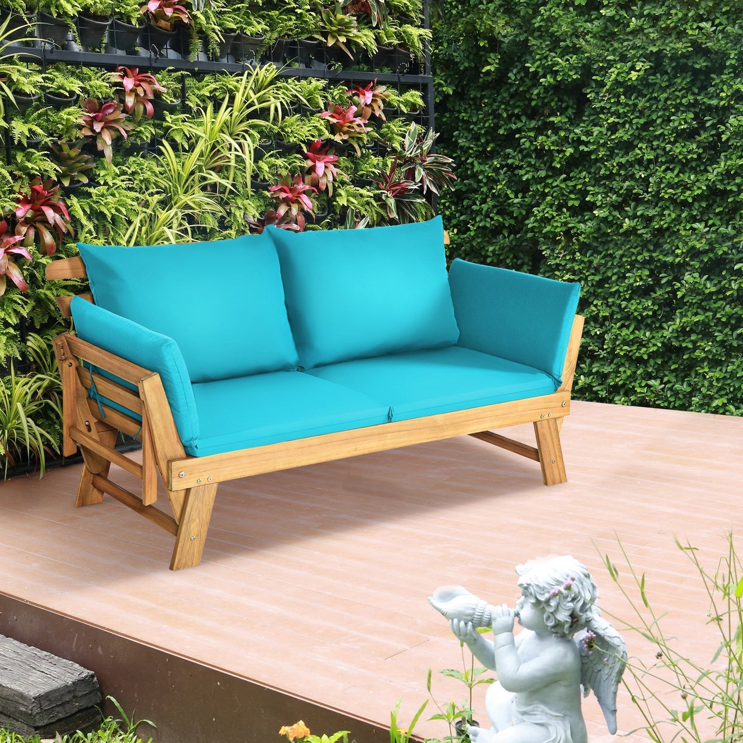 Patio Convertible Solid Wood Sofa with Cushion