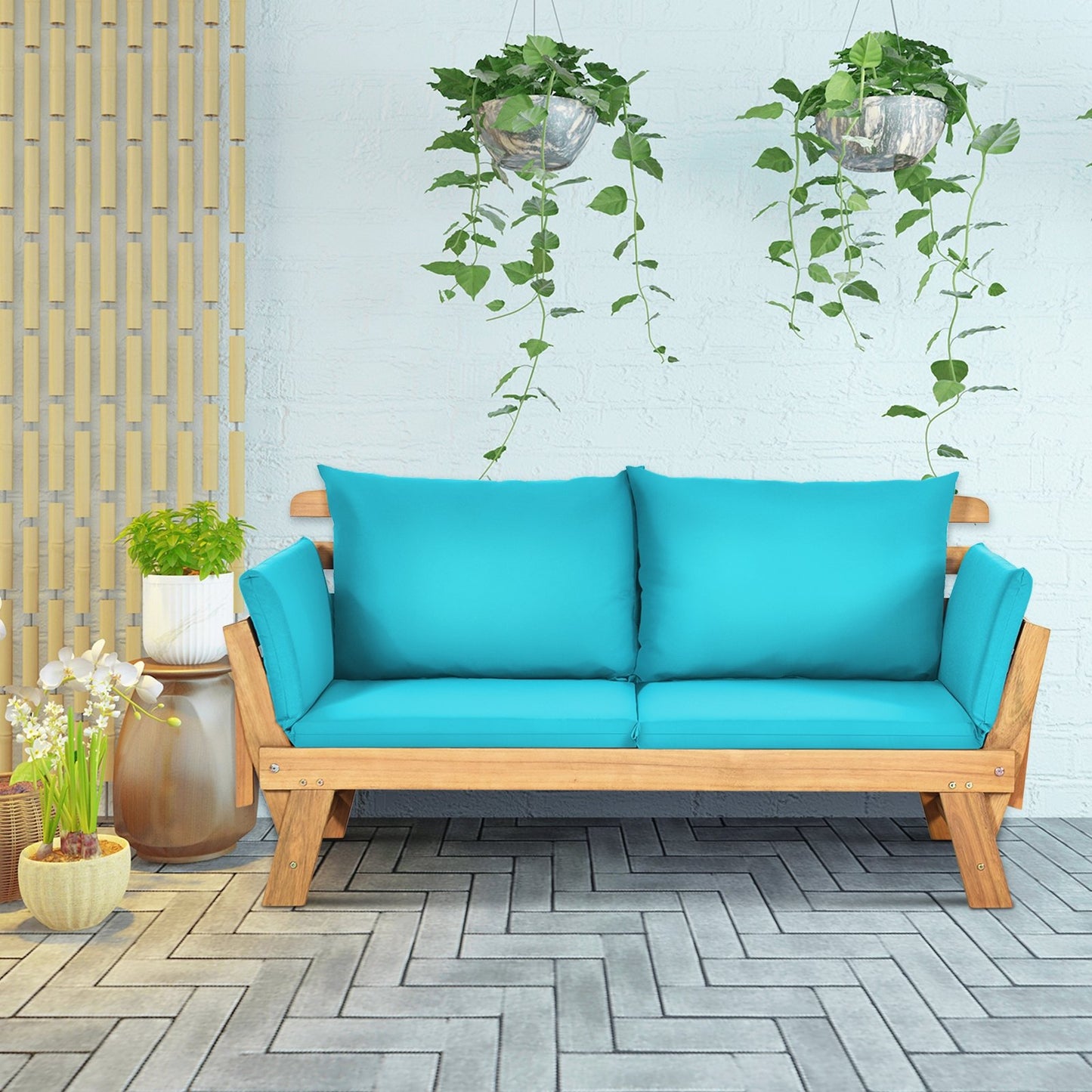 Patio Convertible Solid Wood Sofa with Cushion