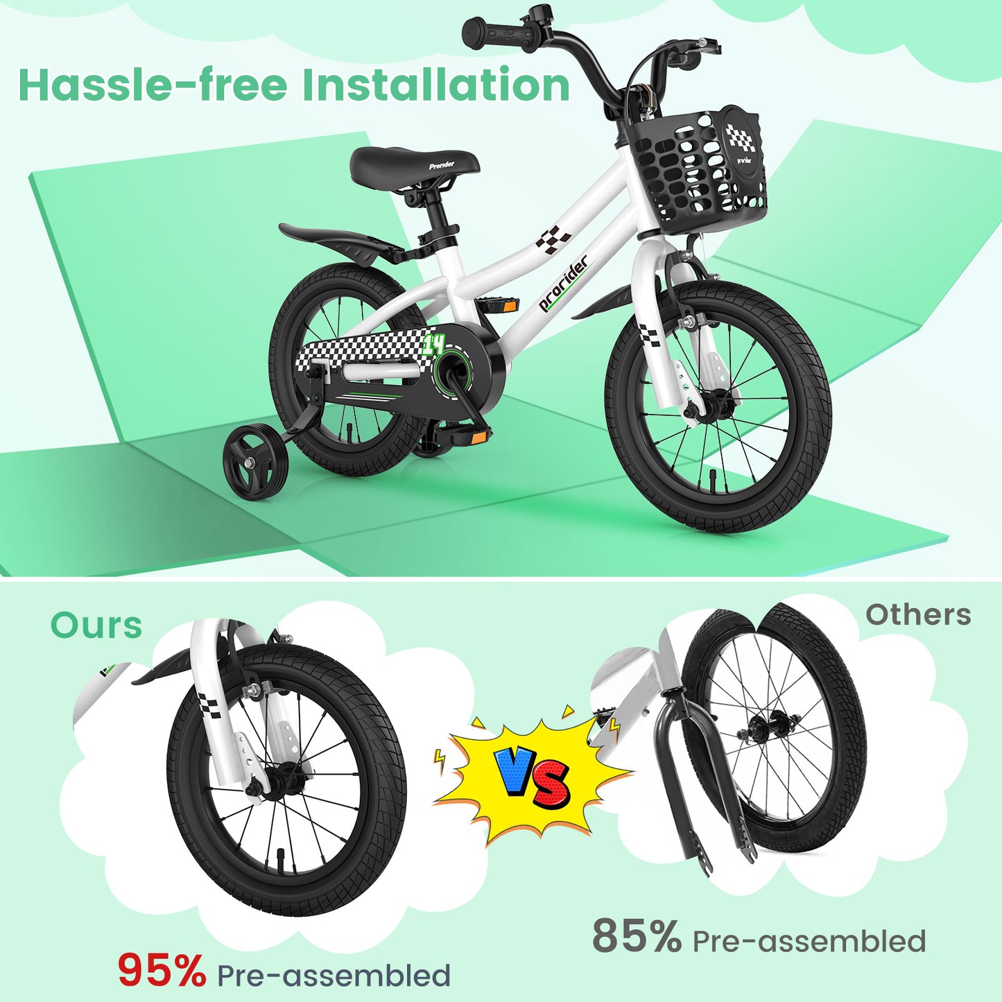 14 Inch Kids Bike with 2 Training Wheels for 3-5 Years Old-White