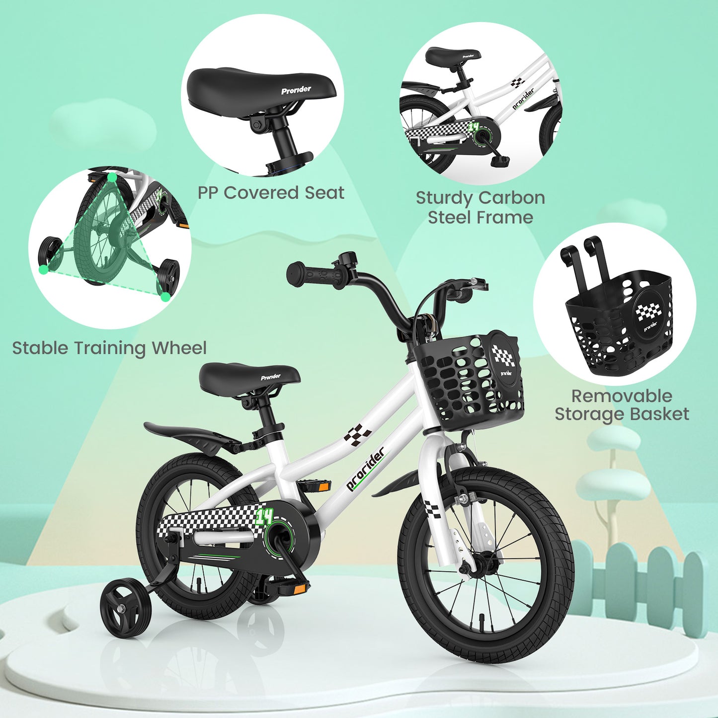 14 Inch Kids Bike with 2 Training Wheels for 3-5 Years Old-White
