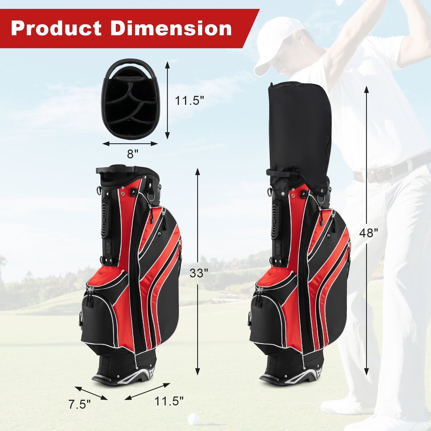 Golf Stand Cart Bag with 6-Way Divider Carry Pockets-Black