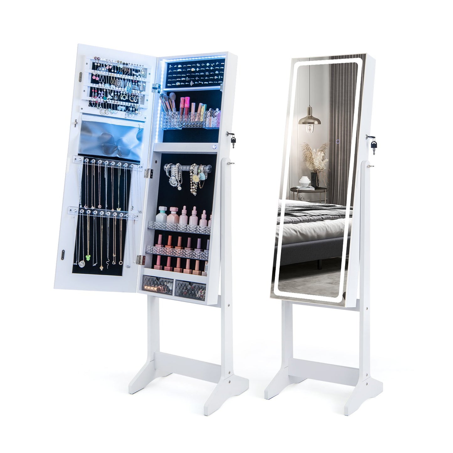 Lockable Jewelry Armoire Standing Cabinet with Lighted Full-Length Mirror-Rustic Brown