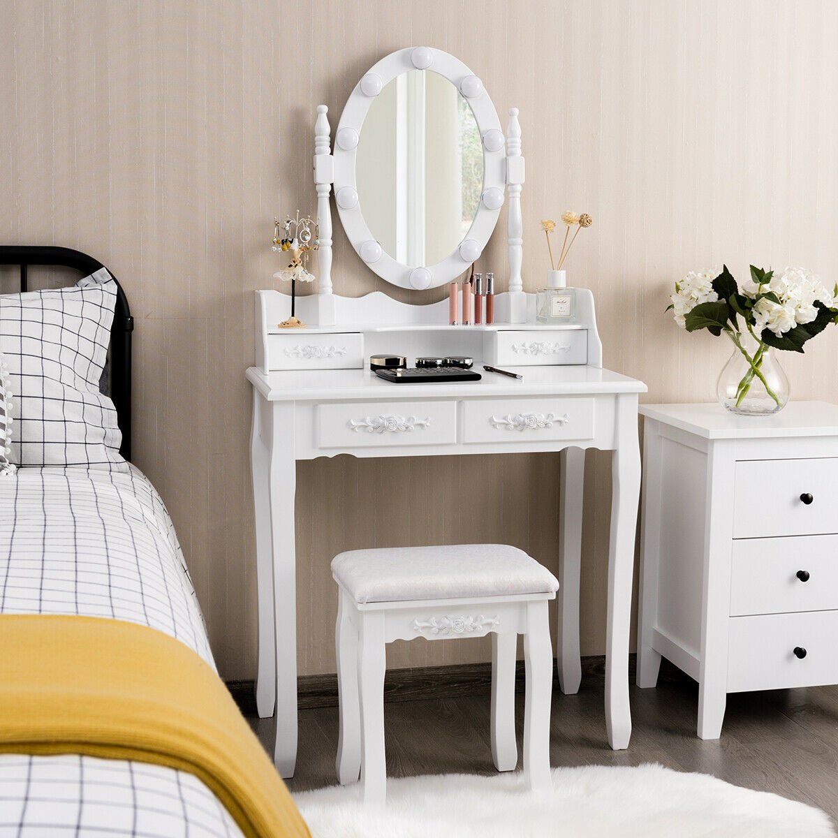 Makeup Dressing Table with Touch Switch Lighted Mirror and Cushioned Stool-Black