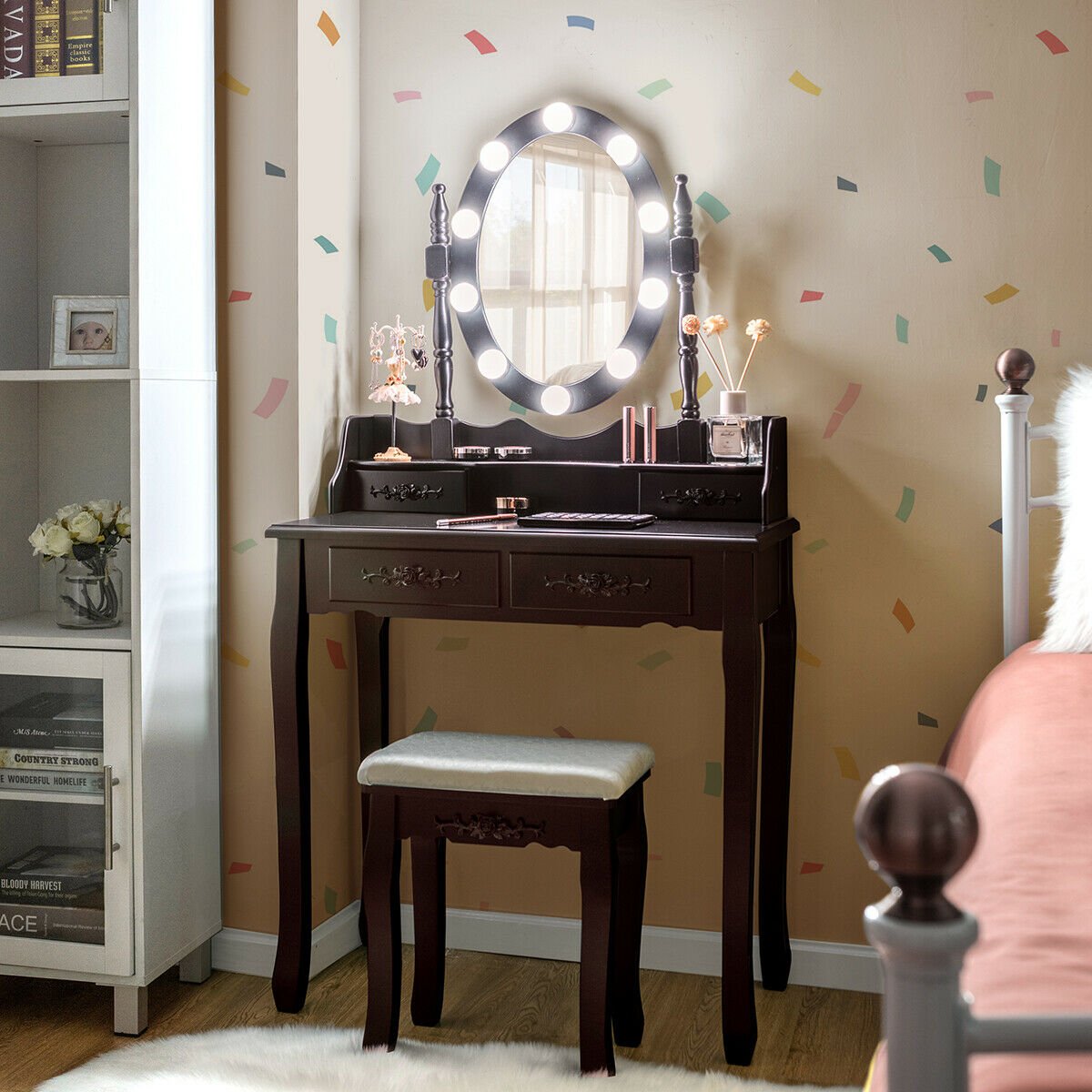 Makeup Dressing Table with Touch Switch Lighted Mirror and Cushioned Stool-Black