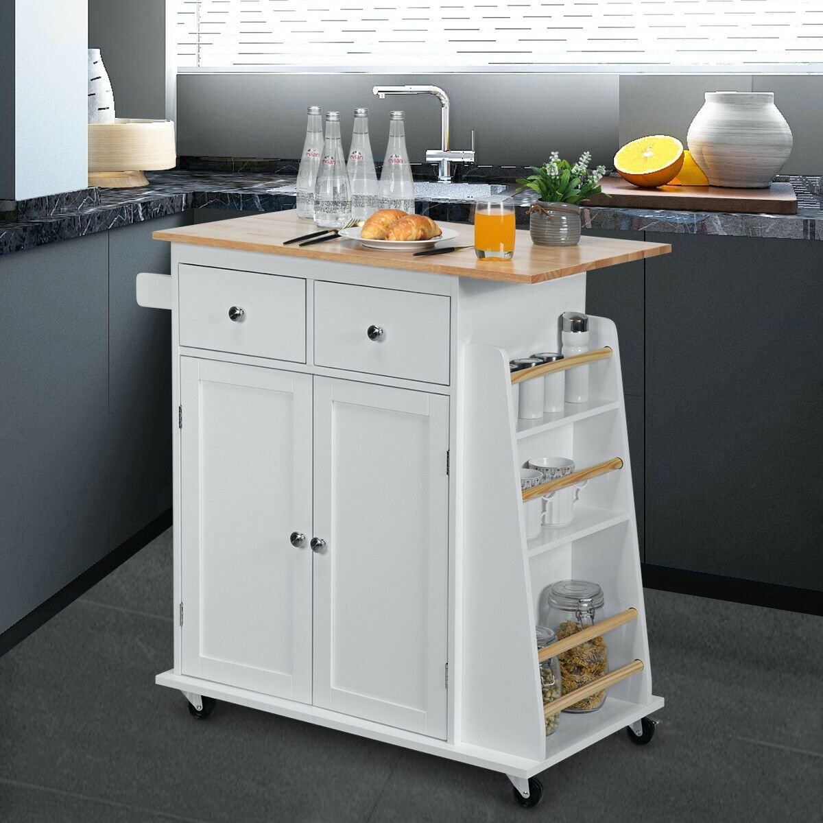 Rubber Wood Countertop Rolling Kitchen Island Cart-Black