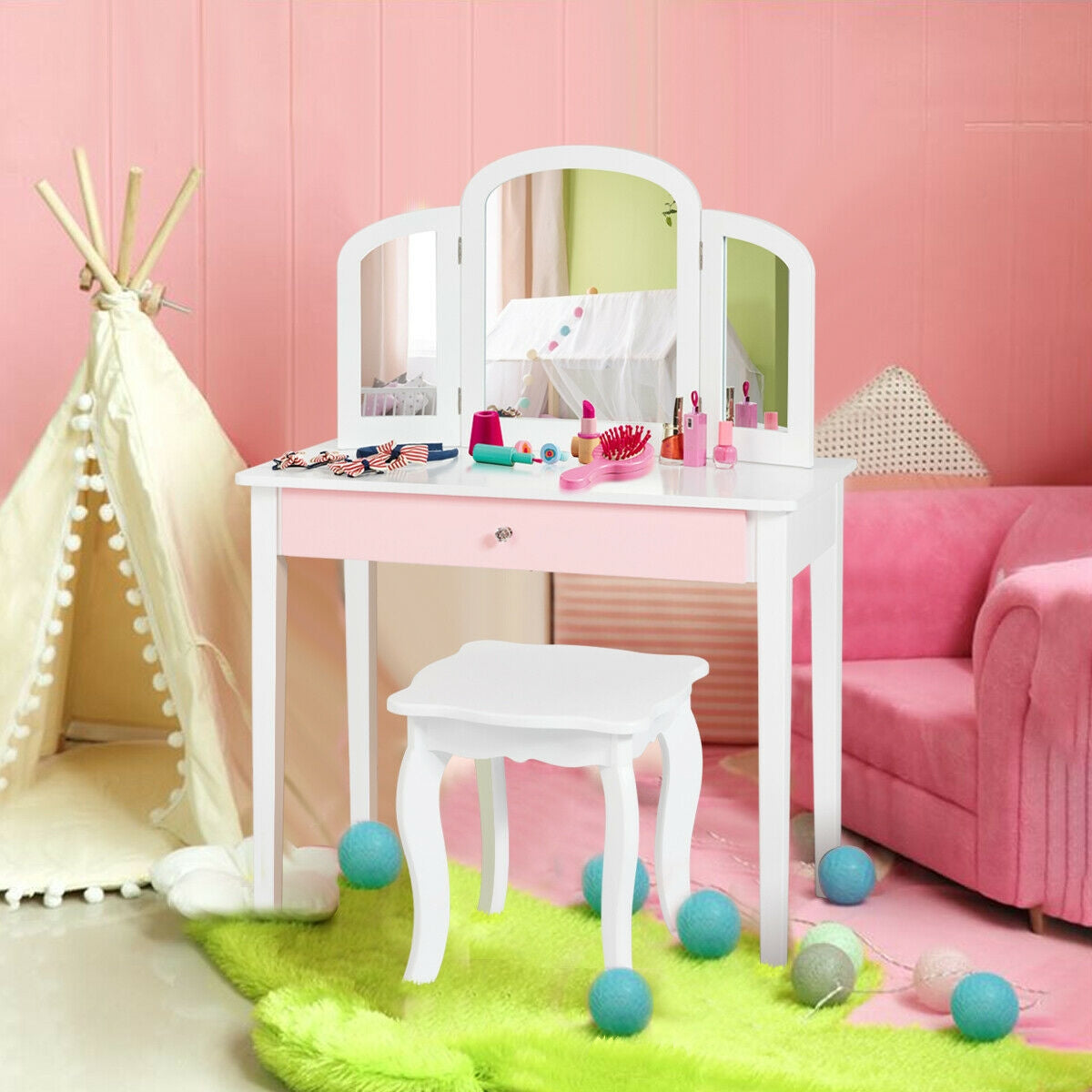 Kids Princess Make Up Dressing Table with Tri-folding Mirror and Chair-White