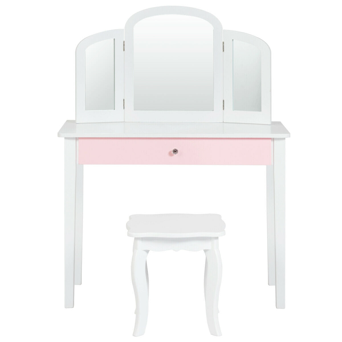 Kids Princess Make Up Dressing Table with Tri-folding Mirror and Chair-White