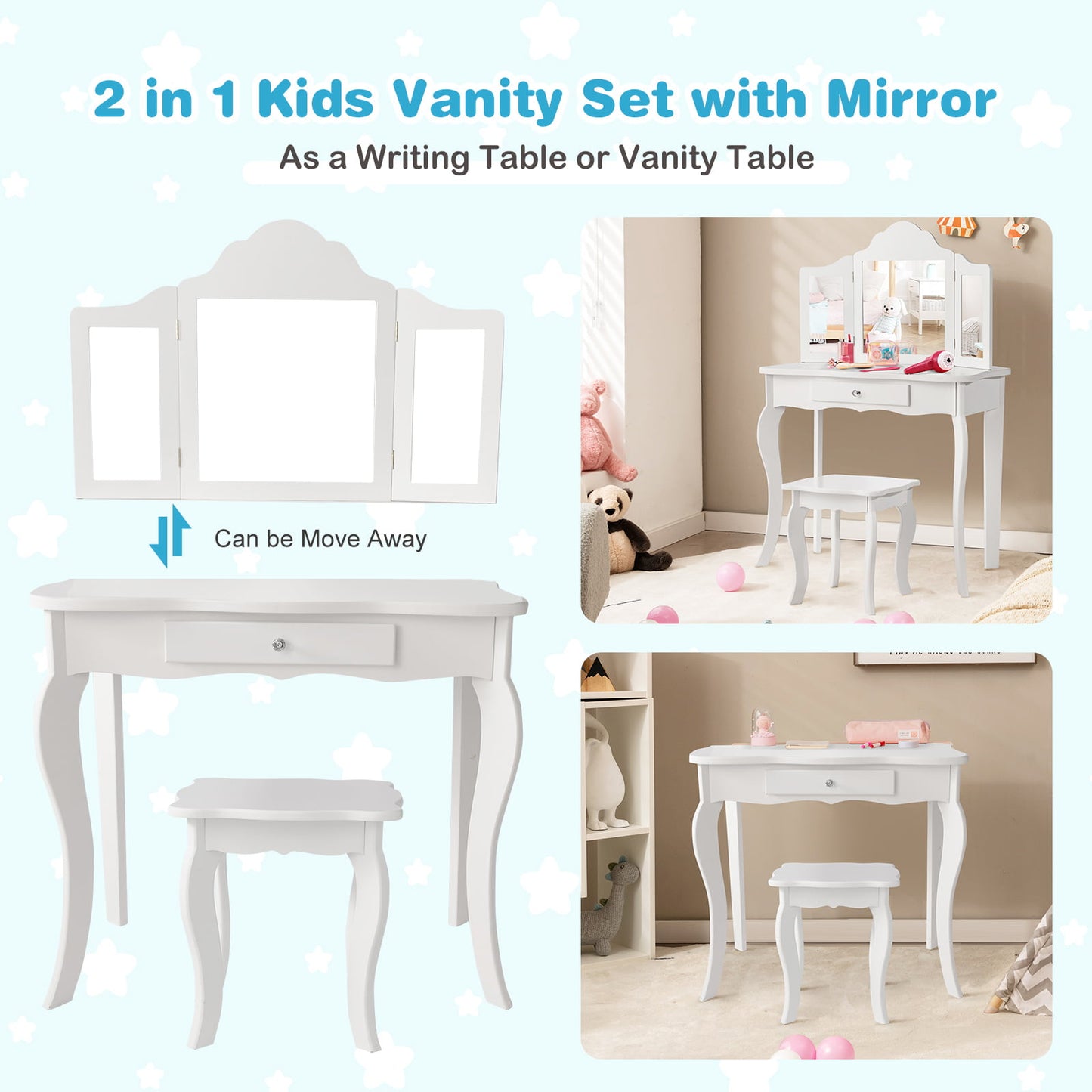 Mini Makeup Dressing Mirror Vanity Table Stool Set