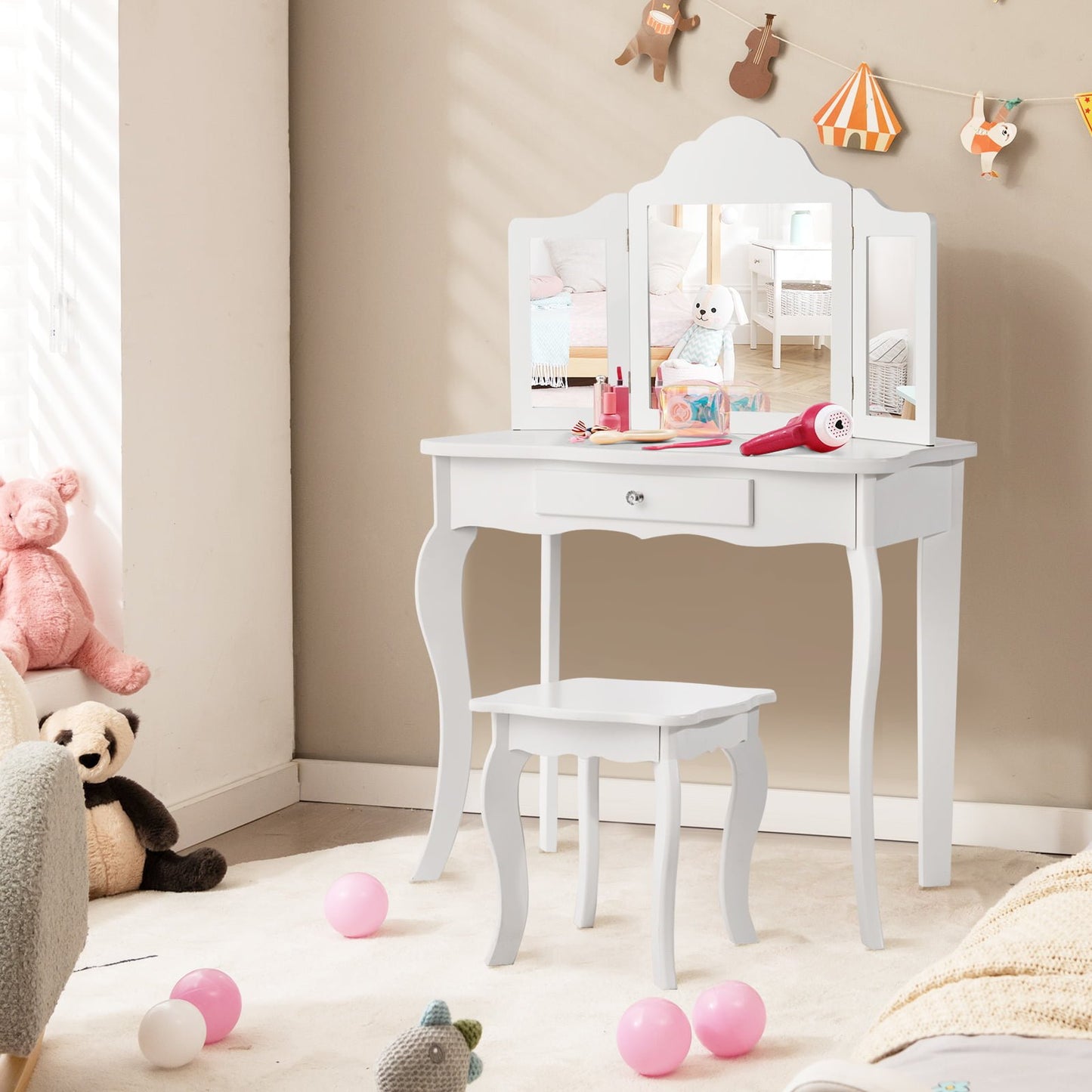 Kids Makeup Dressing Mirror Vanity Table Stool Set-Pink