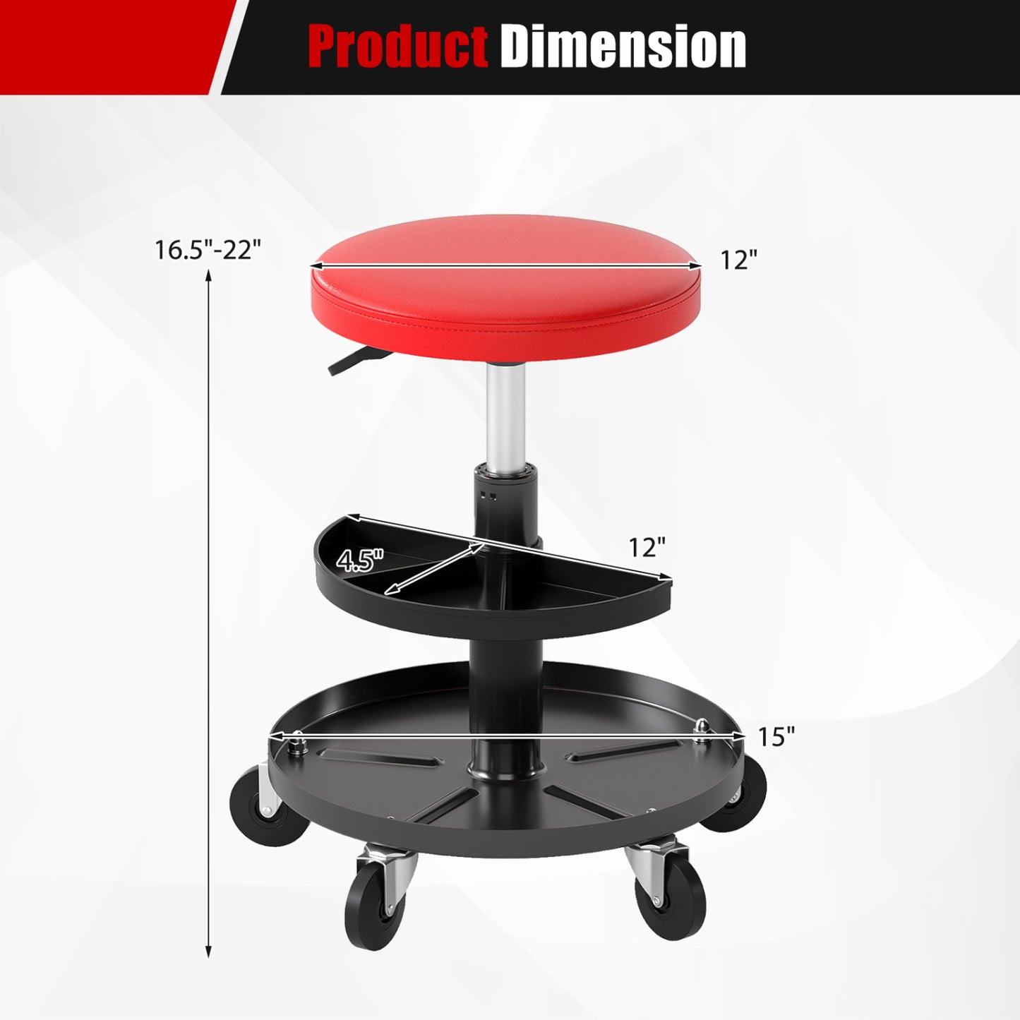 16.5"-22" Adjustable Height Seat Rolling Mechanic Stool with Wheels-Black