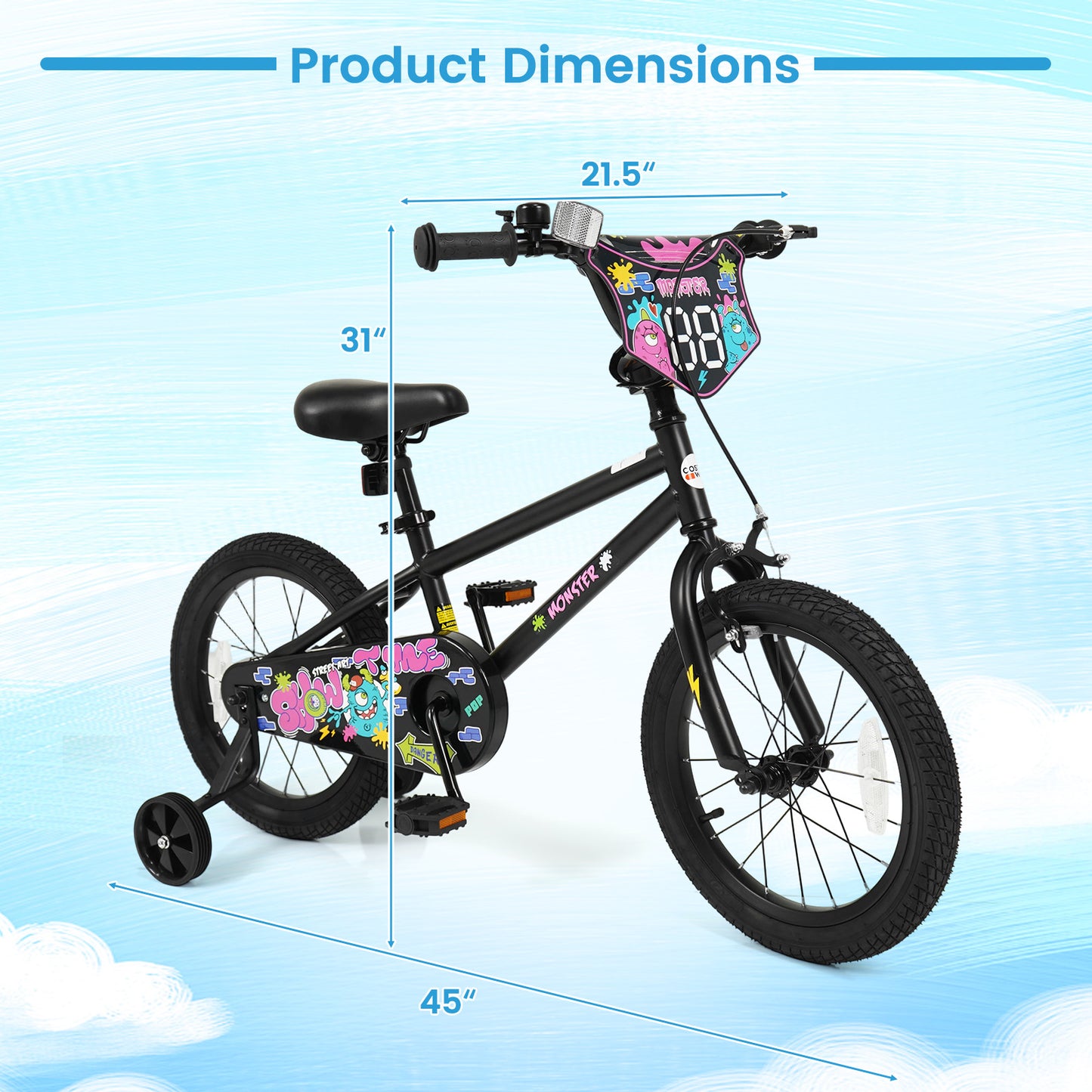 16 Inch Kids Bike with Training Wheels for Ages 4-7 Years Old Black- Street Art Time
