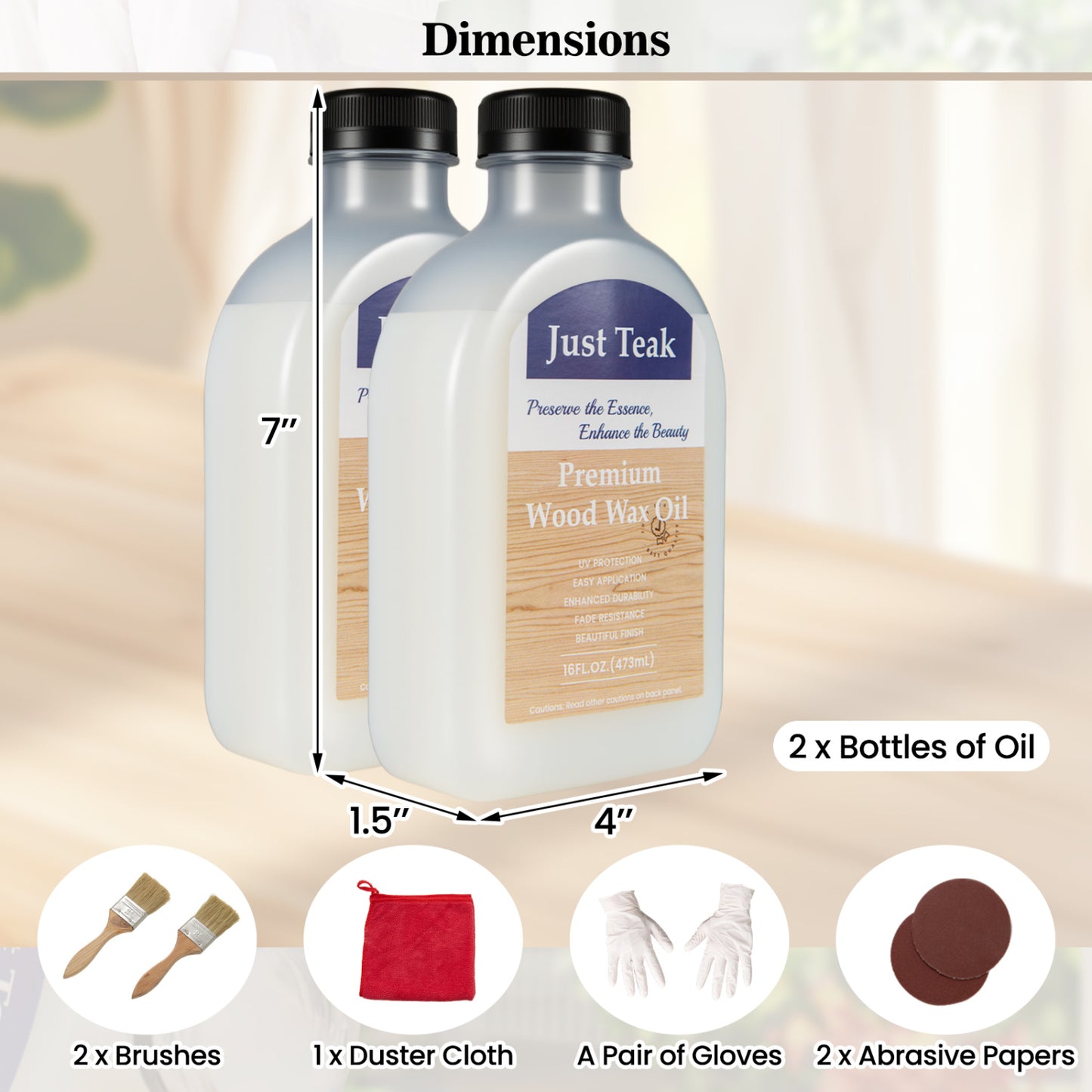 Two 16 oz bottles of Wilsons Home Store wood oil cleaner and brightener for outdoor and indoor furniture, shown alongside furniture.