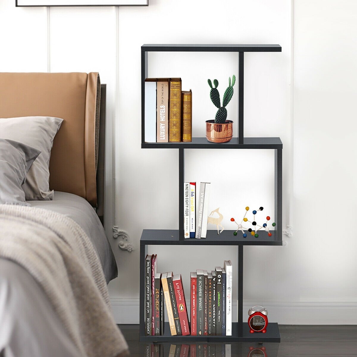 2/3/4 Tiers Wooden S-Shaped Bookcase for Living Room Bedroom Office-4-Tier