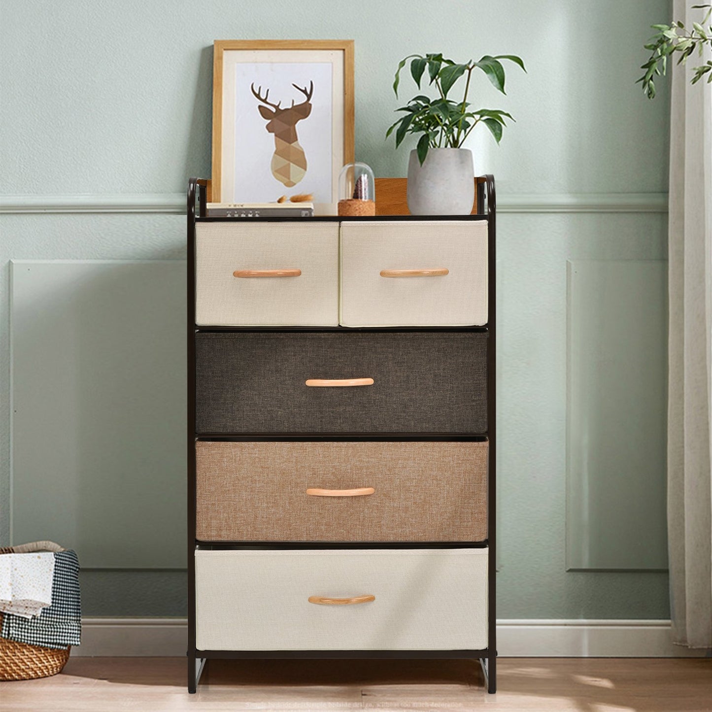 4-Tier Organizer Tower Steel Frame Wooden Top Storage with 5-Drawer Dresser-Gray