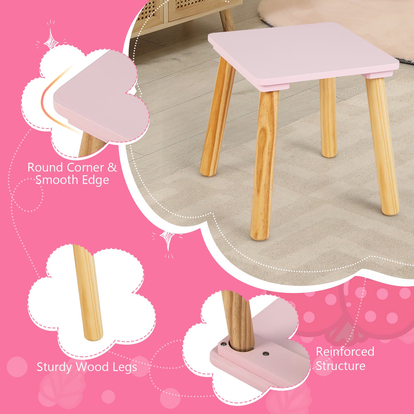 2-in-1 Children Vanity Table Stool Set with Mirror-Pink