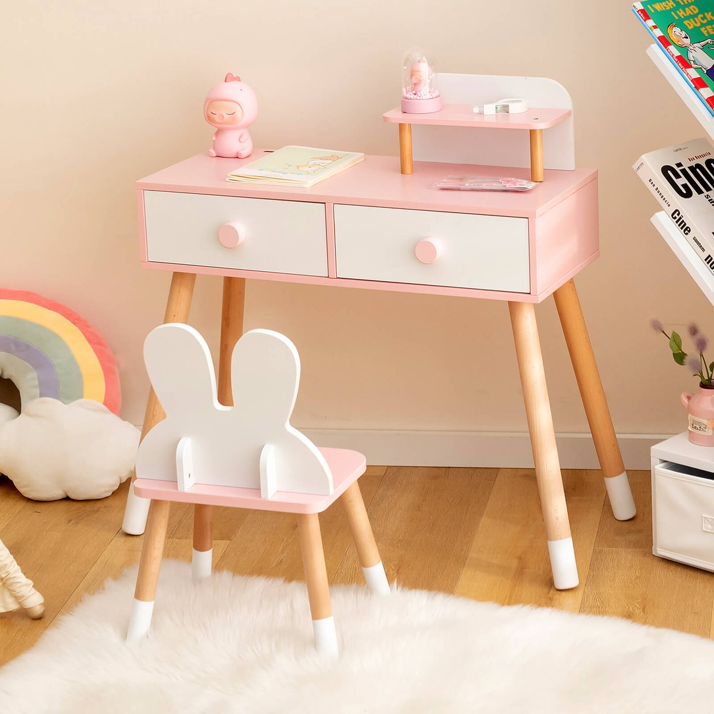 Kids Vanity Table and Chair Set with Drawer Shelf and Rabbit Mirror-Pink