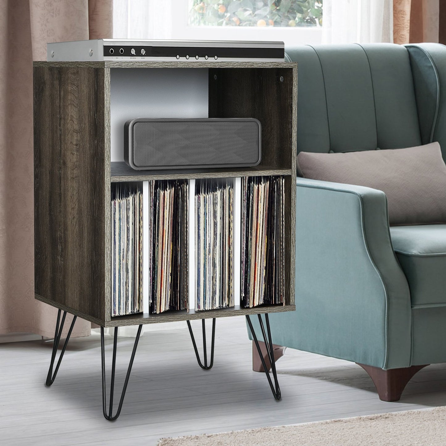 Freestanding Record Player Stand Storage Cabinet with Metal Legs-Coffee