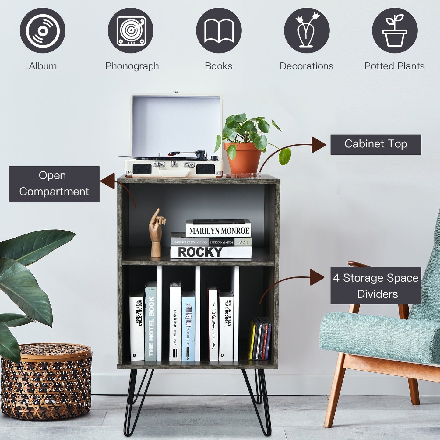 Freestanding Record Player Stand Storage Cabinet with Metal Legs-Coffee