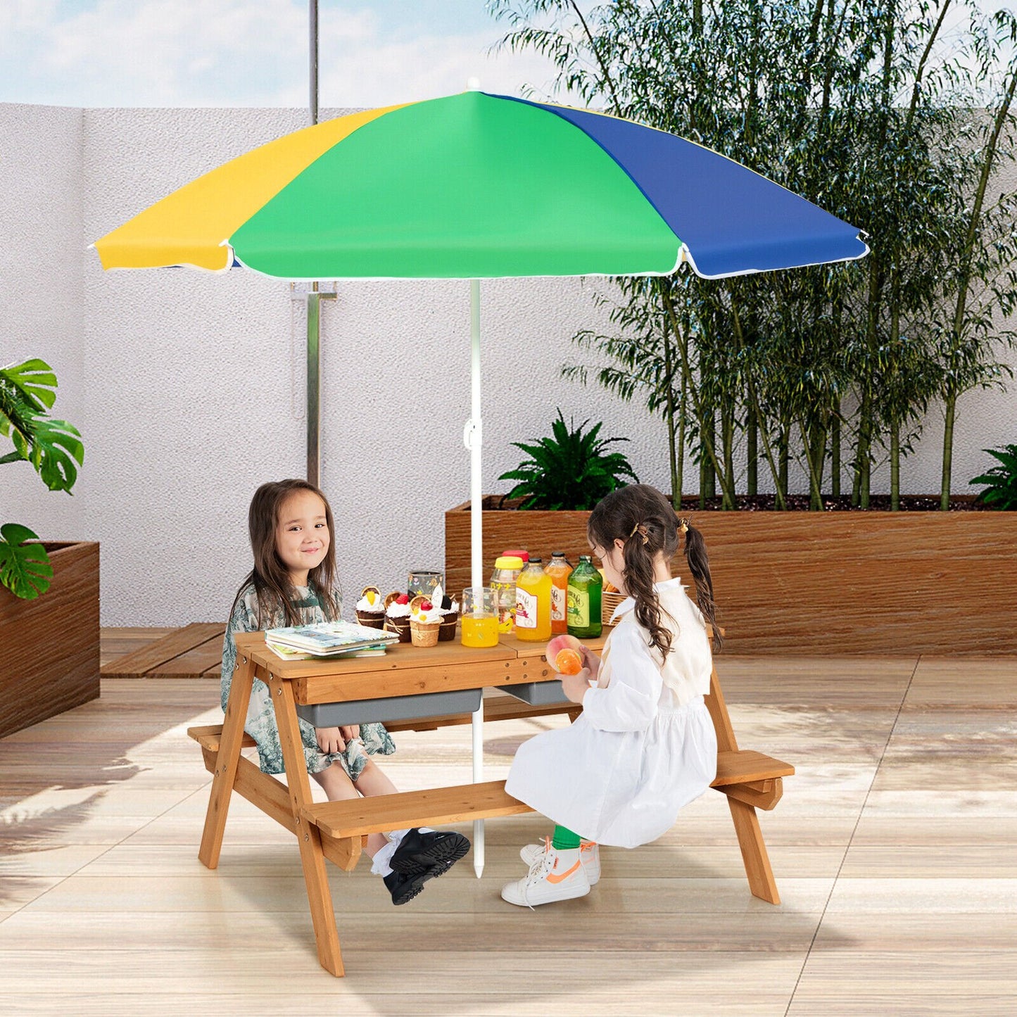 3-in-1 Kids Outdoor Picnic Water Sand Table with Umbrella Play Boxes-Blue
