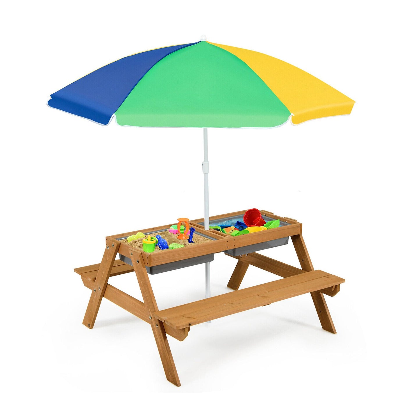 3-in-1 Kids Outdoor Picnic Water Sand Table with Umbrella Play Boxes-Blue