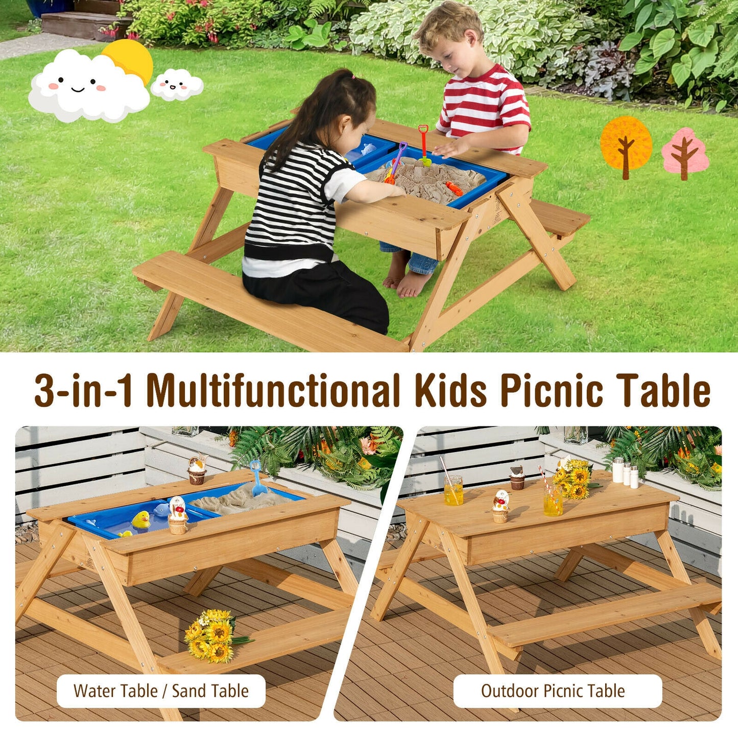 3-in-1 Kids Picnic Table Wooden Outdoor Water Sand Table with Play Boxes
