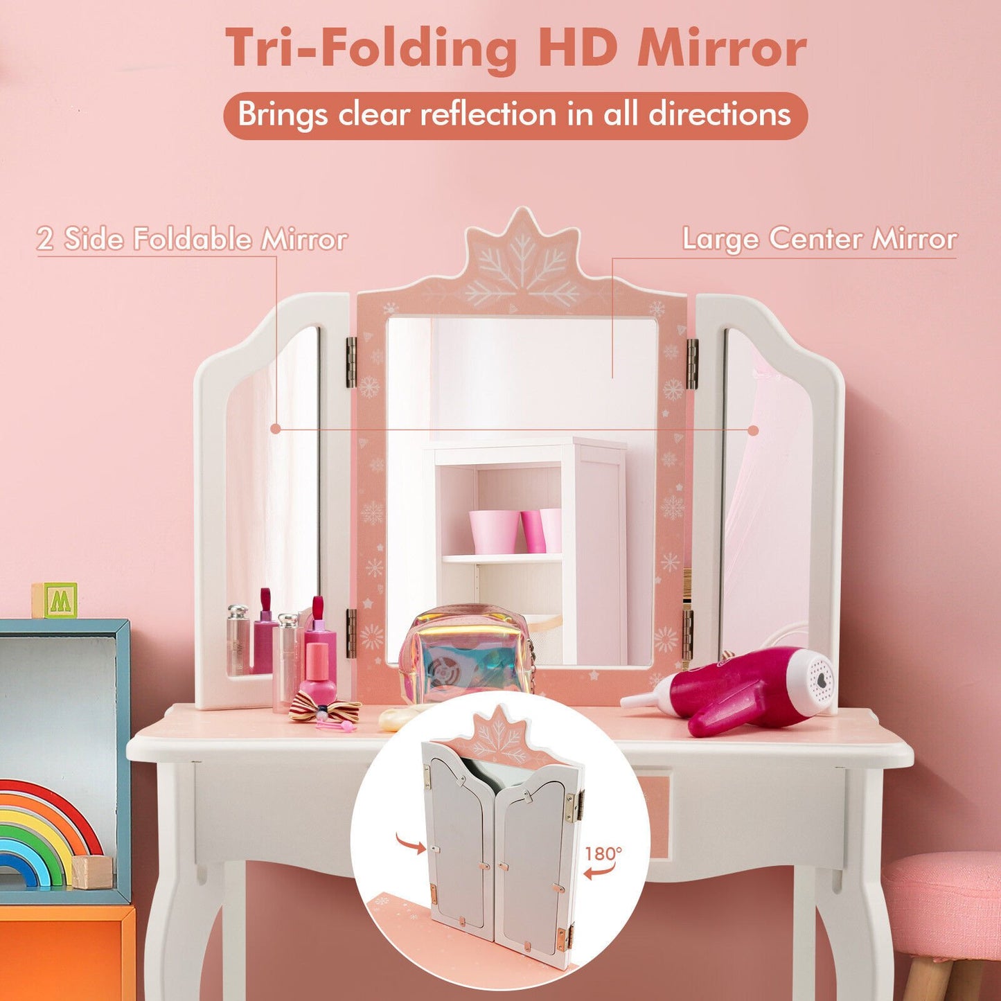Princess Vanity Table and Chair Set with Tri-Folding Mirror and Snowflake Print-Blue