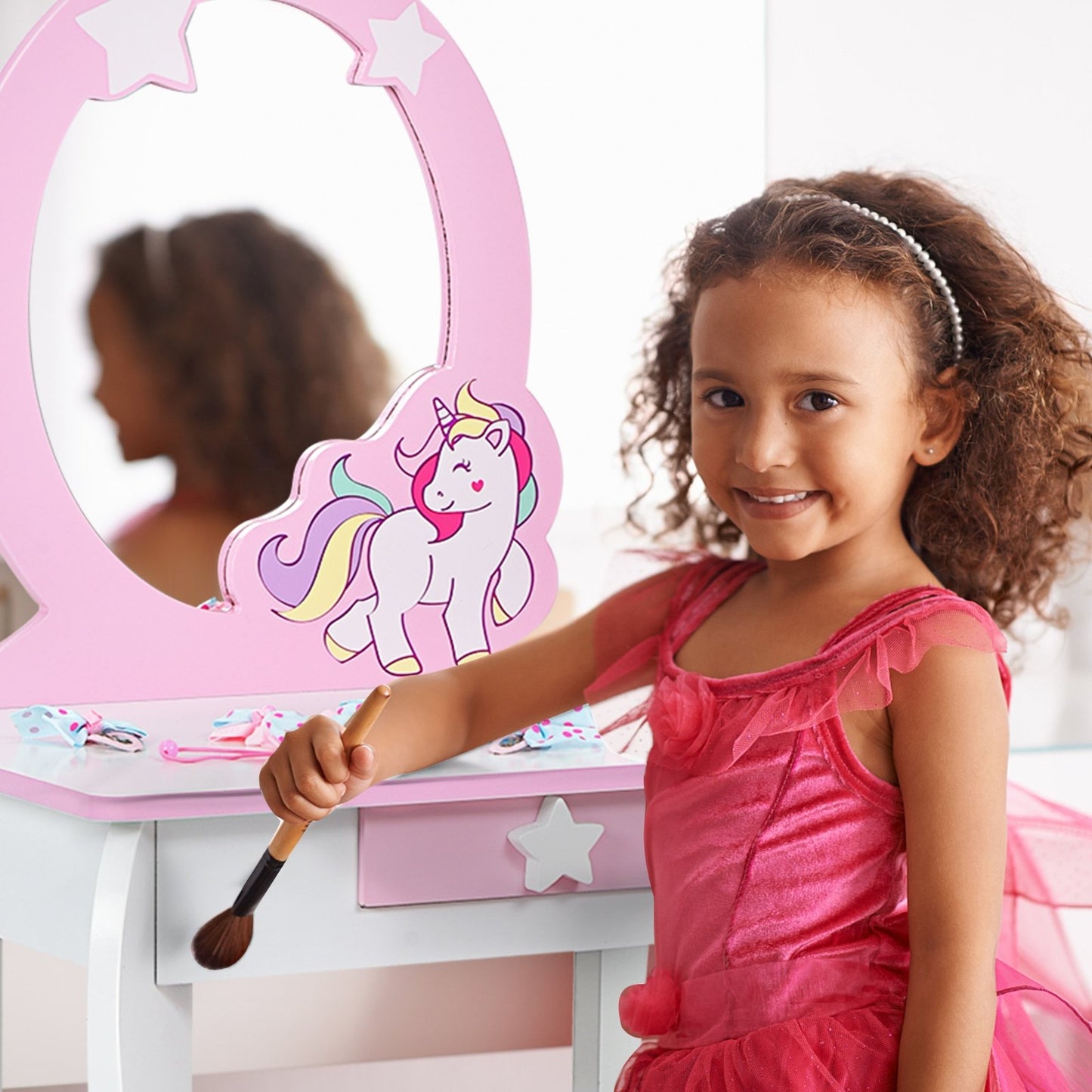 Kids Wooden Makeup Dressing Table and Chair Set with Mirror and Drawer-Pink