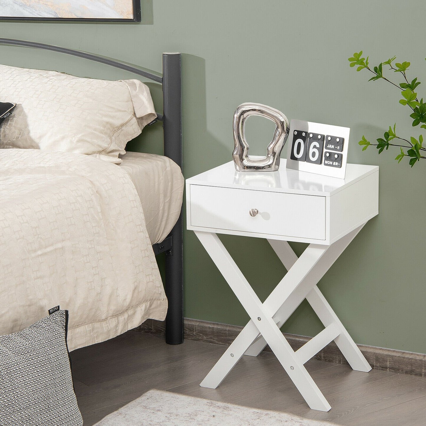 Modern X-Shaped Nightstand with Drawer for Living Room Bedroom-Black