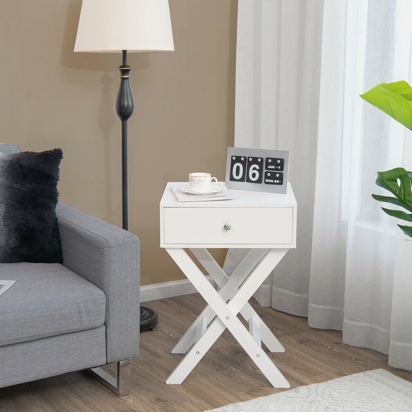 Modern X-Shaped Nightstand with Drawer for Living Room Bedroom-Black
