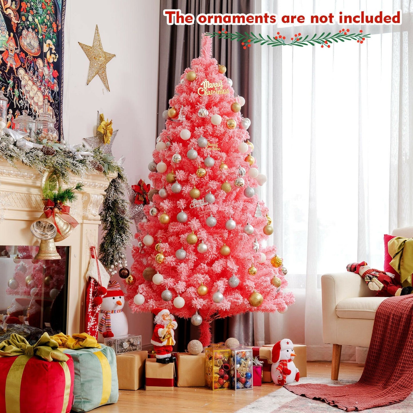 Pink Christmas Tree with Snow Flocked PVC Tips and Metal Stand-7.5 ft
