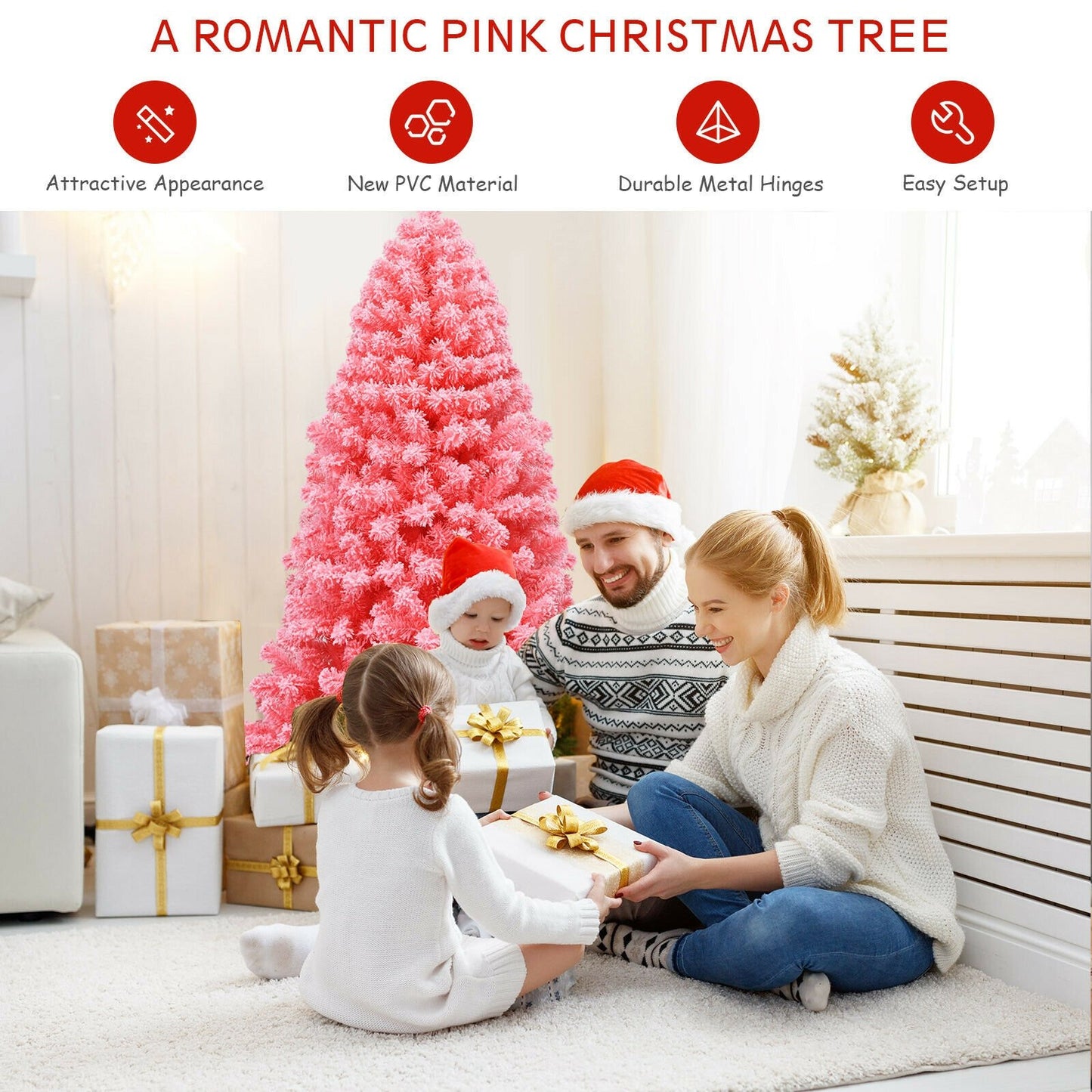Pink Christmas Tree with Snow Flocked PVC Tips and Metal Stand-7.5 ft