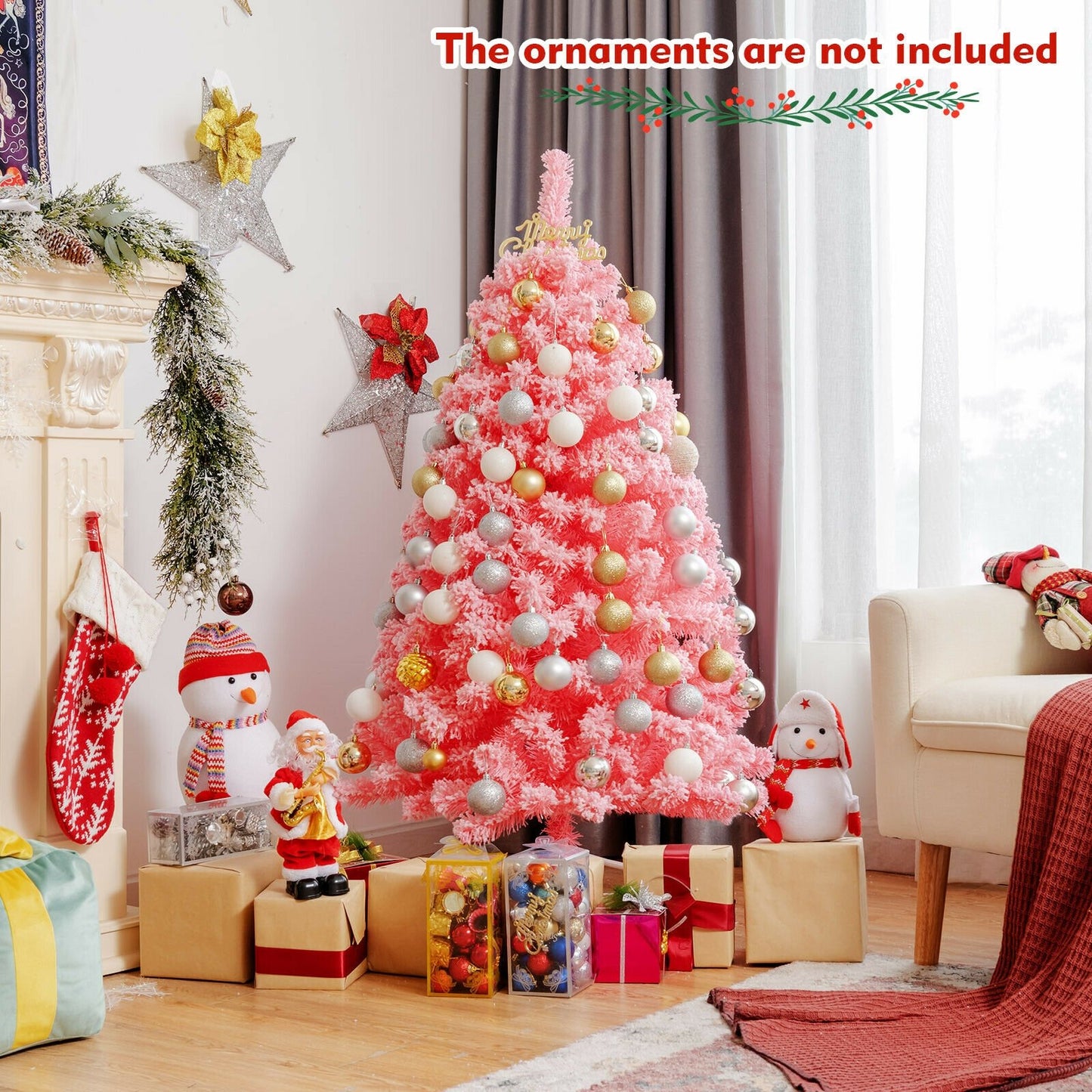 Pink Christmas Tree with Snow Flocked PVC Tips and Metal Stand-7.5 ft