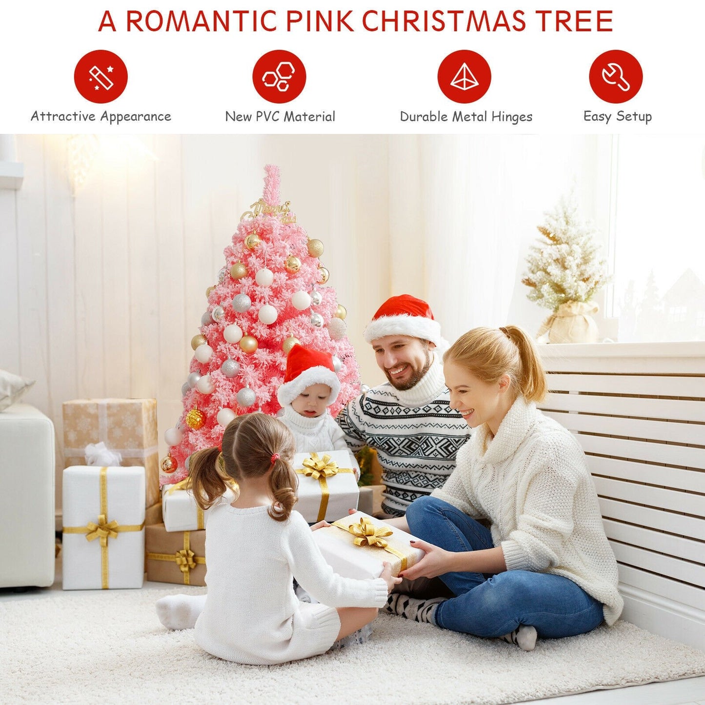 Pink Christmas Tree with Snow Flocked PVC Tips and Metal Stand-7.5 ft