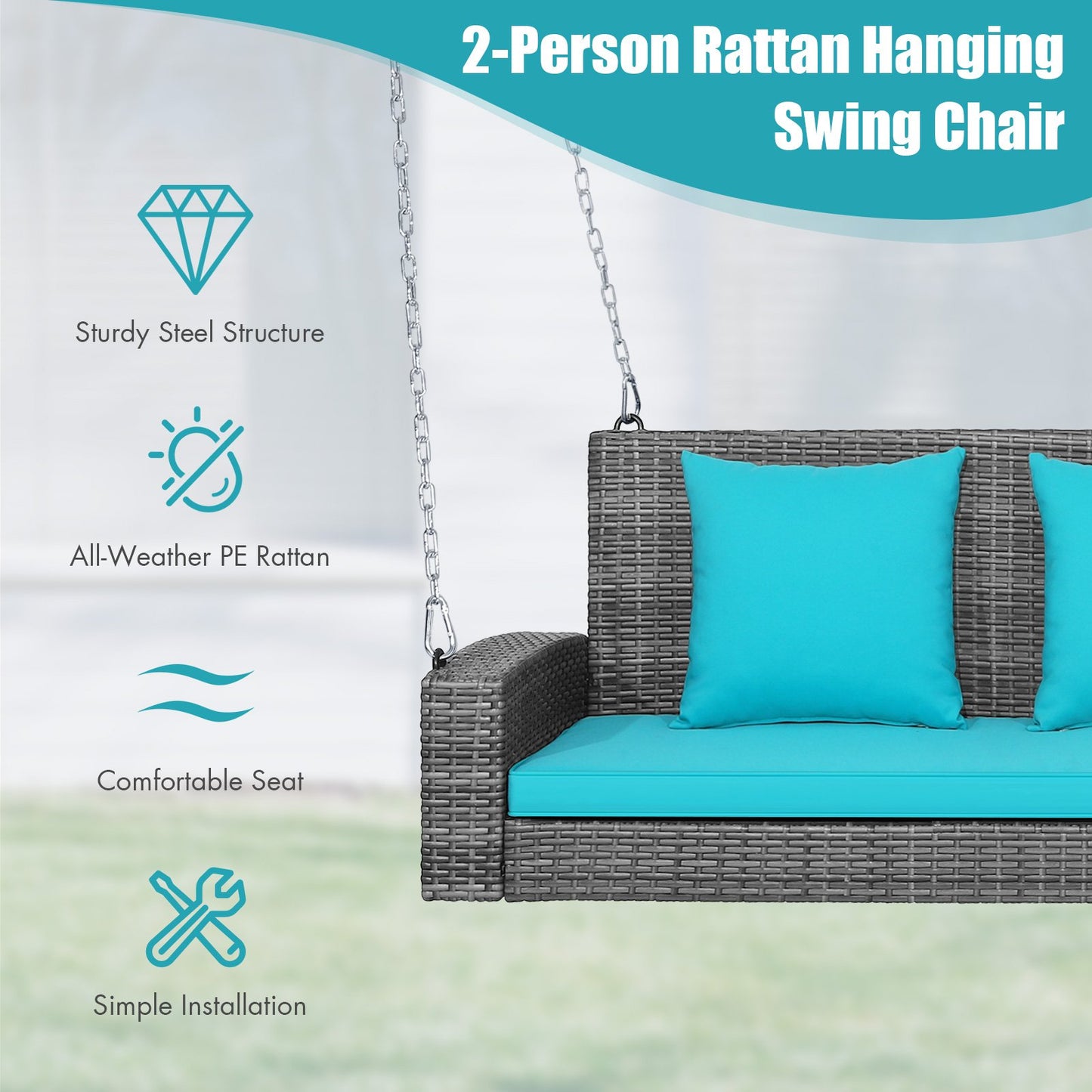 2-Person Patio PE Wicker Hanging Porch Swing Bench Chair Cushion 800 Pounds-Black
