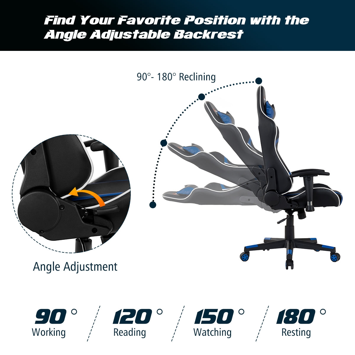 Reclining Swivel Massage Gaming Chair with Lumbar Support-Blue
