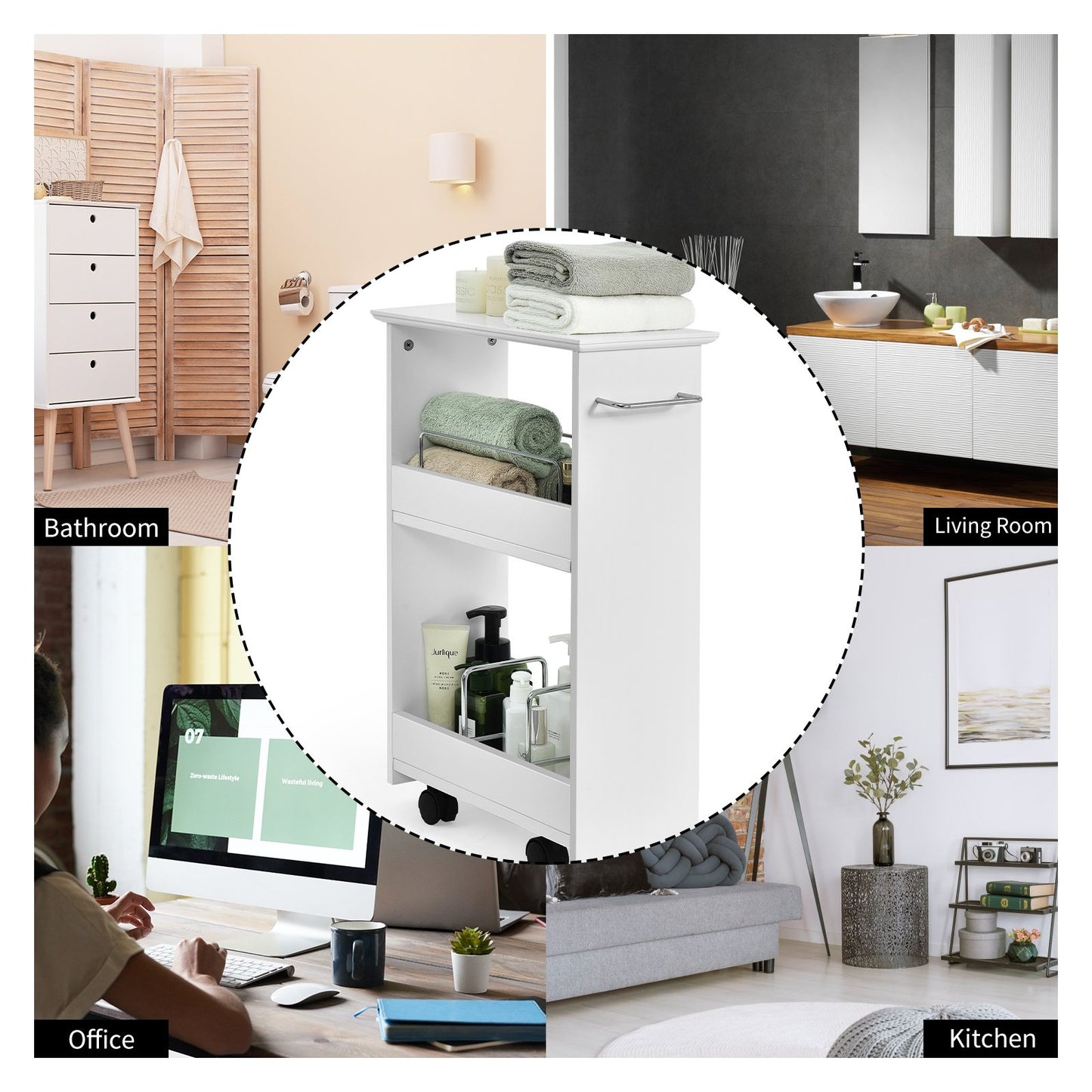 Slim Rolling 3-Tier Bathroom Mobile Shelving Cabinet with Handle