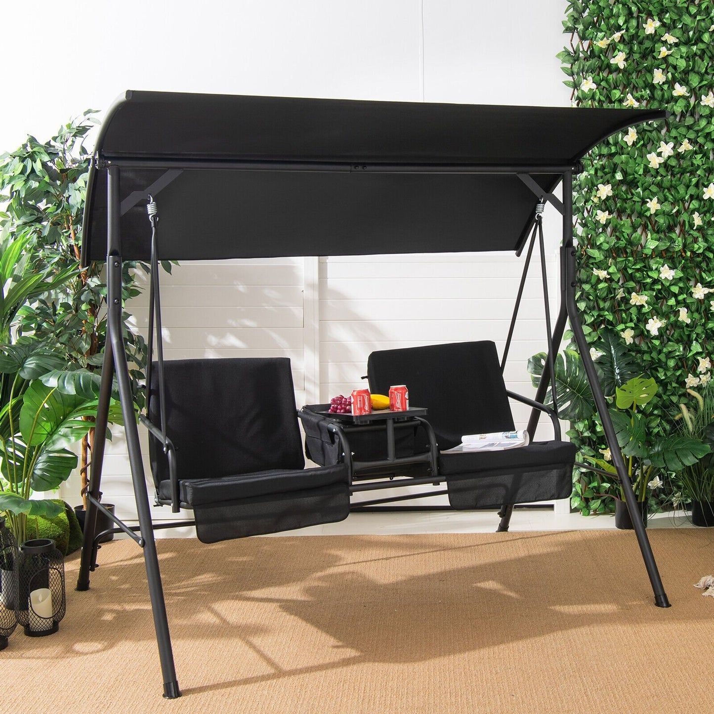 Porch Swing Chair with Adjustable Canopy-Beige
